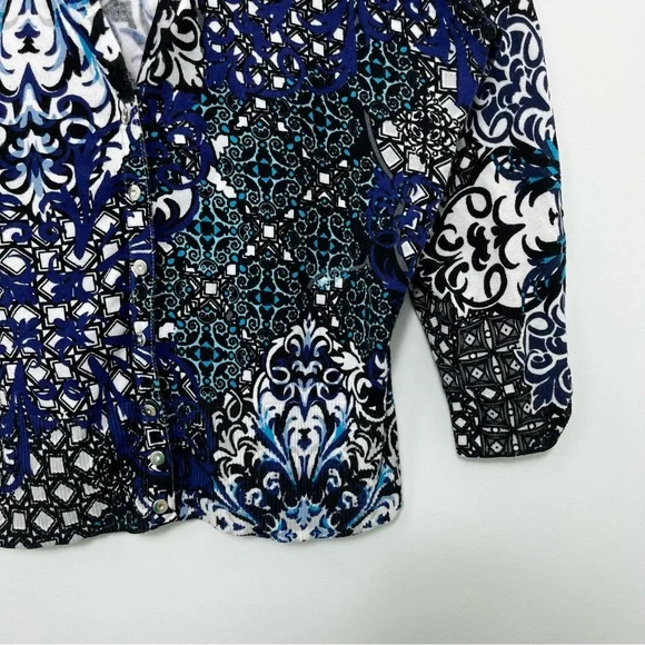 White House Black Market Navy Printed Bright Pattern Snap Front Cardigan Sweater - Picture 4 of 8